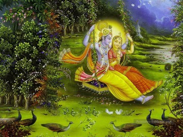 Radha Krishna et paons hindous Peinture à l'huile